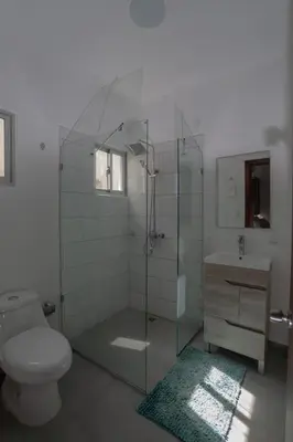 a bathroom with a shower and a toilet and a sink at Villa Golden Dream in San Felipe de Puerto Plata