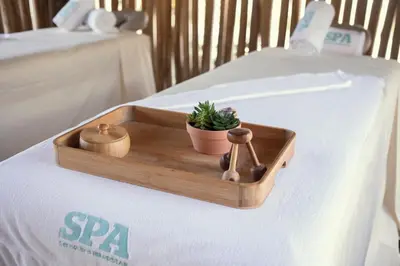 a wooden tray with a potted plant on a bed at Iberostar Waves Costa Dorada - All Inclusive in San Felipe de Puerto Plata