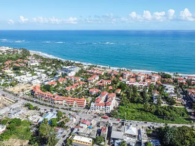 an aerial view of a city and the ocean at Ocean Dream Studios, kiters paradise! in Cabarete