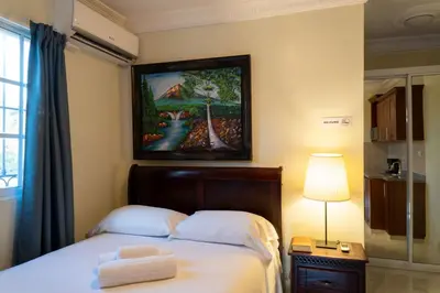 a bedroom with a bed and a painting on the wall at Villa Gumio Studio Apt - 7 minutes walk to Boca Chica Beach apts in Boca Chica