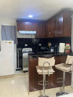 a kitchen with wooden cabinets and a white refrigerator at Apartament para pareja muy acogedor y privado in Cafemba
