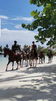 a group of people riding horses on the beach at La Hacienda Hostel-Rancho in Las Galeras
