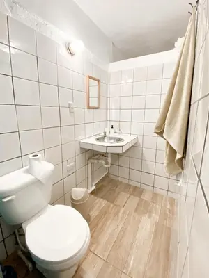 a white bathroom with a toilet and a sink at La Hacienda Hostel-Rancho in Las Galeras