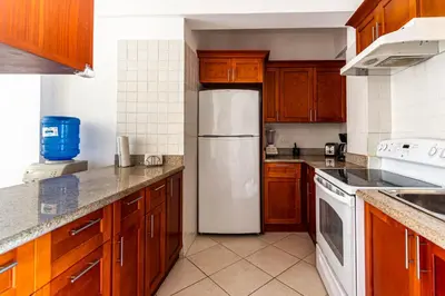 a kitchen with a white refrigerator and wooden cabinets at Alicia Beach, Hispaniola Sol! in Sosúa