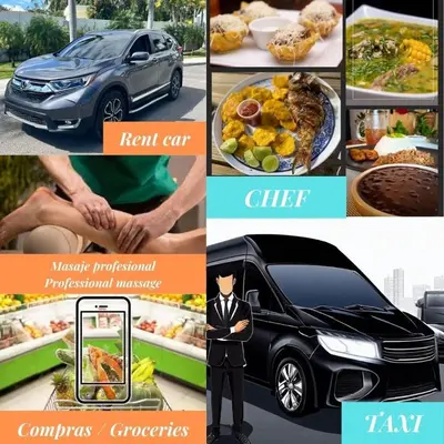 a collage of pictures of food and a car at A pasos de la playa cerca de bares y restaurantes in Punta Cana