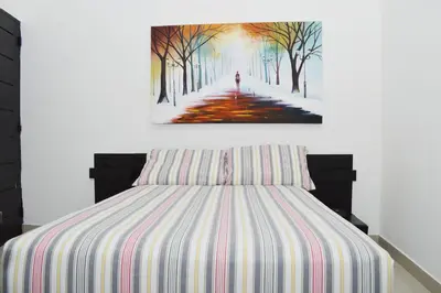 a painting of a person walking down a street at Hotel Merey in Santo Domingo