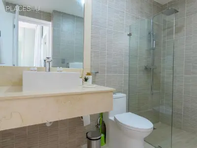 a bathroom with a sink and a toilet and a shower at Cerca de la playa y restaurantes espacio relajante in Punta Cana