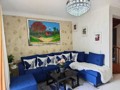 a blue couch in a living room with a painting at Residencial Las Palmeras de Willy Boca Chica in Boca Chica