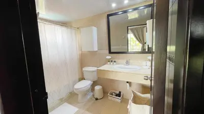 a bathroom with a toilet and a sink and a mirror at Cozy apartment Golf Course View in Punta Cana in Punta Cana