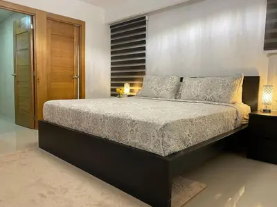 a bedroom with a large bed and a wooden wall at Stylish Apt Full AC King Bed in Los Prados