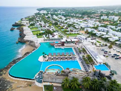 an aerial view of the resort and the ocean at Casa angelina in Sosúa