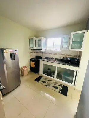 a kitchen with a stainless steel refrigerator and white cabinets at Oasis de Paz 4 in Jarabacoa
