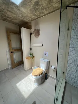 a bathroom with a toilet and a glass shower at CASAS LEON Casita de playa #2 in Santa Bárbara de Samaná