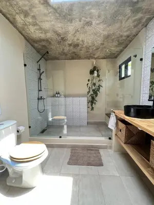 a bathroom with a toilet and a shower and a sink at CASAS LEON Casita de playa #2 in Santa Bárbara de Samaná