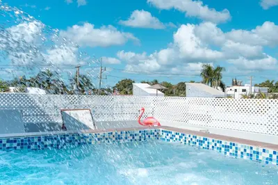 a swimming pool with a pink flamingo in the water at Rooftop with Pool, La Romana, Villa Doña Julia, At Paula Isabel in La Romana