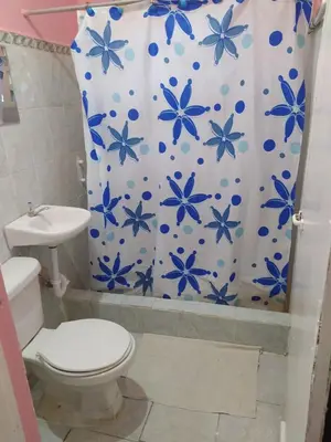 a bathroom with a toilet and a shower curtain with blue flowers at Central Rooms Bayahibe in Bayahibe