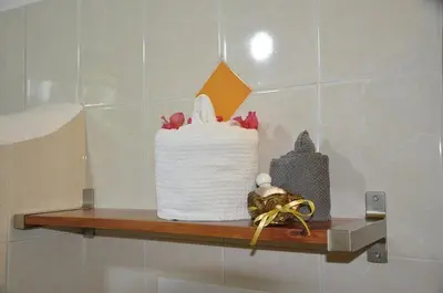 a bathroom shelf with a cake on top of it at Hotel Piedra Marron in Las Terrenas