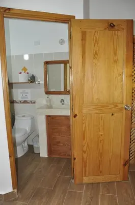 a bathroom with a toilet and a wooden door at Hotel Piedra Marron in Las Terrenas