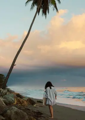 a woman walking on the beach near a palm tree at Surf and Yoga Retreat for Groups Near Cab! in Gaspar Hernández
