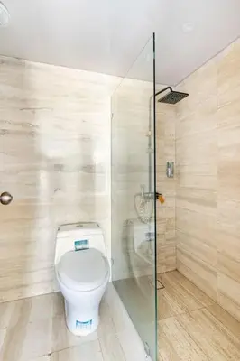 a bathroom with a toilet and a glass shower at Luxurious 2BDR with Ocean View in Santo Domingo
