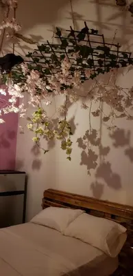 a bedroom with a wall with flowers on it at Tus Recuerdos in Santo Domingo