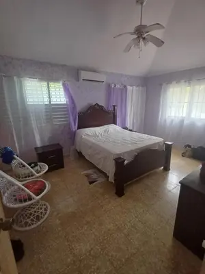 a bedroom with a bed and a ceiling fan at Mangobich in Punta Balandra