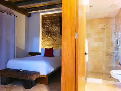 a bedroom with a bed and a bathroom with a shower at Heritage Residences Signature Collection in Santo Domingo