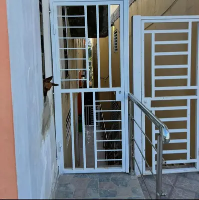 a dog looking through the door of a gate at Apartamento la familia 2 in Santa Bárbara de Samaná