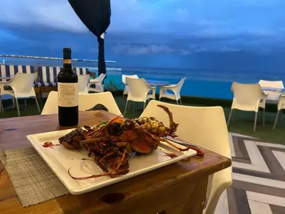 a plate of lobster on a table with a bottle of wine at Cielo de cierro-Apartment with Jacuzzi, 2 minutes from the beach in La Romana