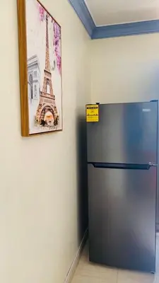 a refrigerator in a room with a picture of the eiffel tower at Apartamento moderno de una habitación in San Pedro de Macorís