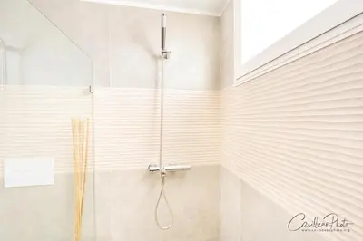 a shower with a glass door in a bathroom at Estrella Dominicus deluxe Apartment in La Laguna