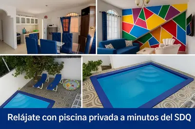 a collage of pictures of a villa with a swimming pool at Villa Privada con Piscina a Minutos del Aeropuerto de Santo Domingo in Boca Chica