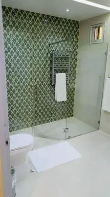 a bathroom with a glass shower and a toilet at Hotel Vista Caribe Azúa in Azua de Compostela