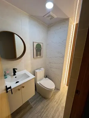 a bathroom with a toilet and a sink and a mirror at Bella Vista cozy-deluxe near Downtown center in Santo Domingo