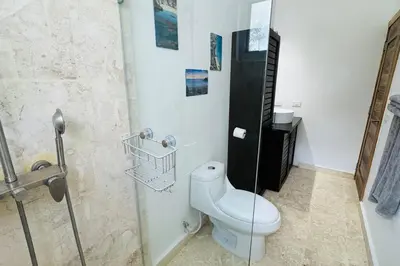 a bathroom with a toilet and a glass shower at La Fenice Beachfront with King Beds in Las Terrenas