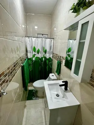 a bathroom with a toilet and a green shower curtain at Hotel Mi Dulce Amanecer PyR in Nagua