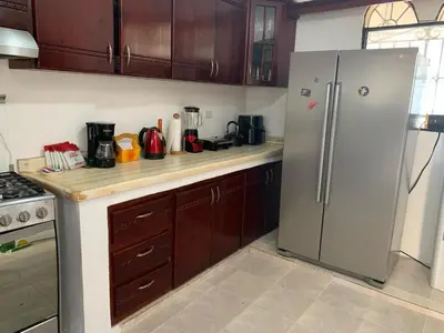 a kitchen with a stainless steel refrigerator and wooden cabinets at Residencia Katya in La Romana