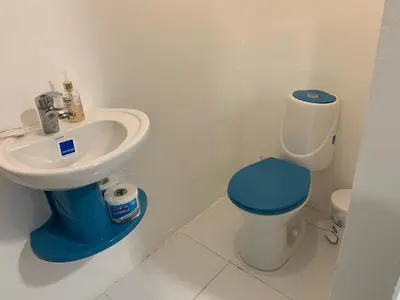a bathroom with a blue toilet and a sink at Residencia Katya in La Romana