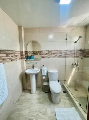a bathroom with a toilet and a sink and a shower at Super Cozy n´Confortable apart. in Ensanche Los Minas