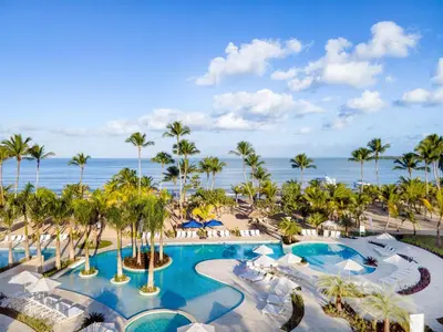 an aerial view of the pool at the excellence punta cana resort at Viva Miches by Wyndham, a Trademark All Inclusive Resort in Miches