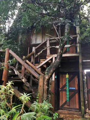 a tree house with a green cross on it at Casa El Paraiso, Eco Lodge in Santa Bárbara de Samaná