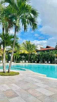 a palm tree next to a swimming pool at Bayahibe Paraíso in Bayahibe