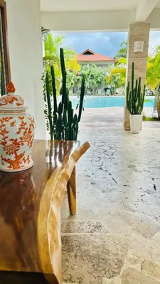 a wooden table with a vase and a cactus at Bayahibe Paraíso in Bayahibe