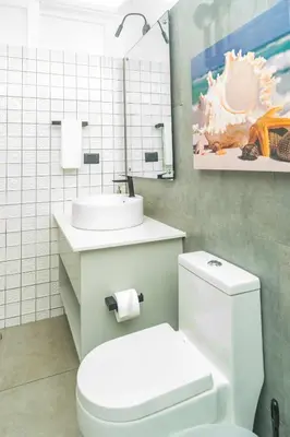 a bathroom with a white toilet and a sink at Kite Beach Penthouse in Cabarete
