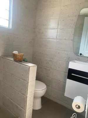 a bathroom with a toilet and a sink and a mirror at Cerca de Aeropuerto , bleseed house in Monte Adentro