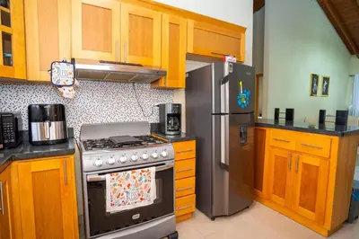 a kitchen with a stove and a refrigerator at Luxury Sky Blue in Jarabacoa