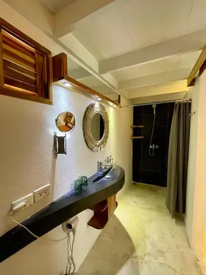 a bathroom with a sink and a mirror and a shower at Leeloo Boutique Hotel in Las Terrenas