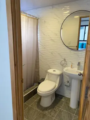 a bathroom with a toilet and a sink and a mirror at Apartamento con agua caliente para 9 personas in La Ureña