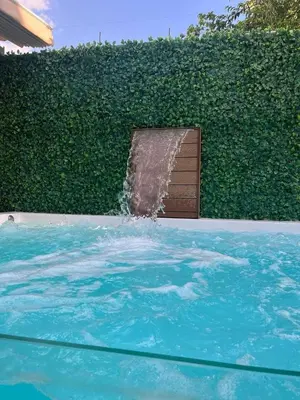 a water fountain in a pool in front of a hedge at Solmi Rooms in Calero