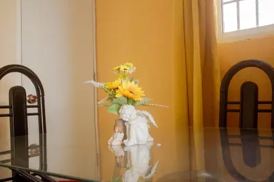 a vase filled with flowers on top of a glass table at Guest House A&H in Boca Chica